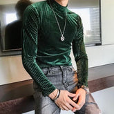 Hearujoy Velvet Turtleneck T-Shirt 2024 Spring Fall Slim Striped Casual Tops Men Long Sleeve Tight Tee Shirts Club Costume Camiseta Homme